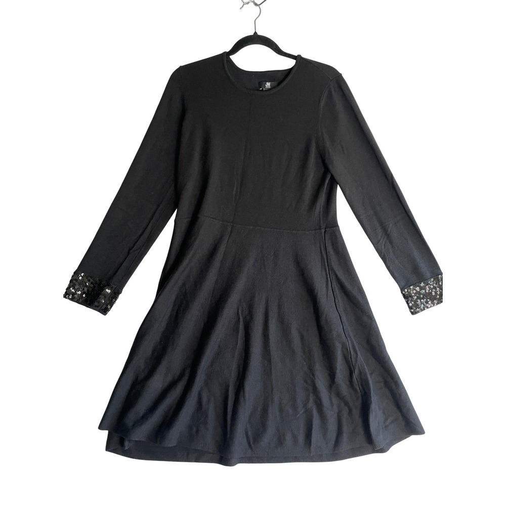 Jason Wu Black Knit Fit‎ and Flare Long Sleeve Dress Sequin Cuff Career Casual L